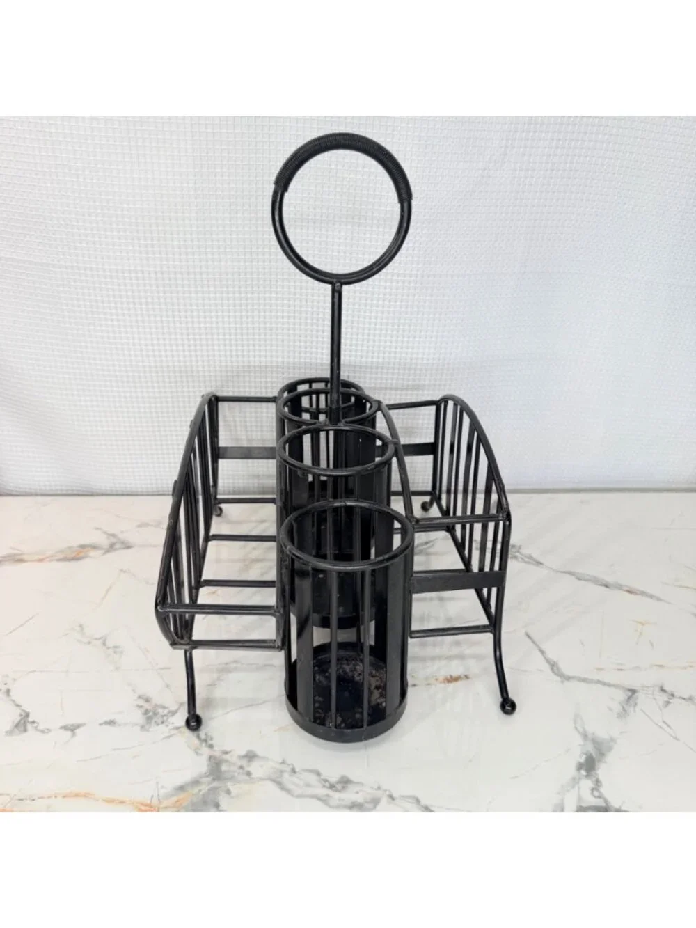 Buffet caddy holder , black rod iron, holds napkins, plates, utensils
